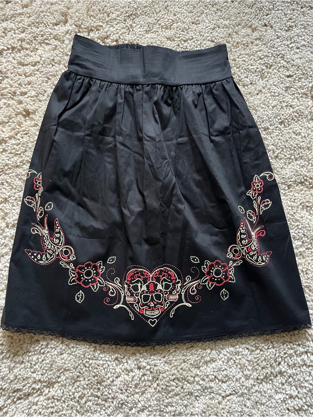 Rock Steady Sugar Skull Embroidered Black A-Line Skirt - Size S